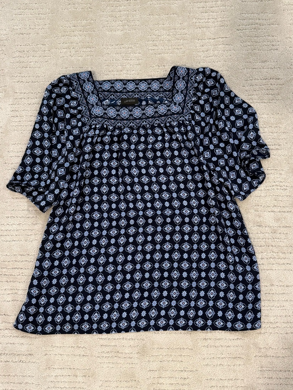 J. Jill Navy and White Square-Neck Printed Blouse